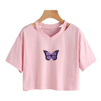 Vintage Butterfly Cute Crop Top with Hollow Design