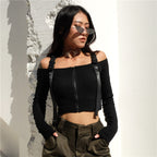One-Shoulder Long Sleeve Cropped Top