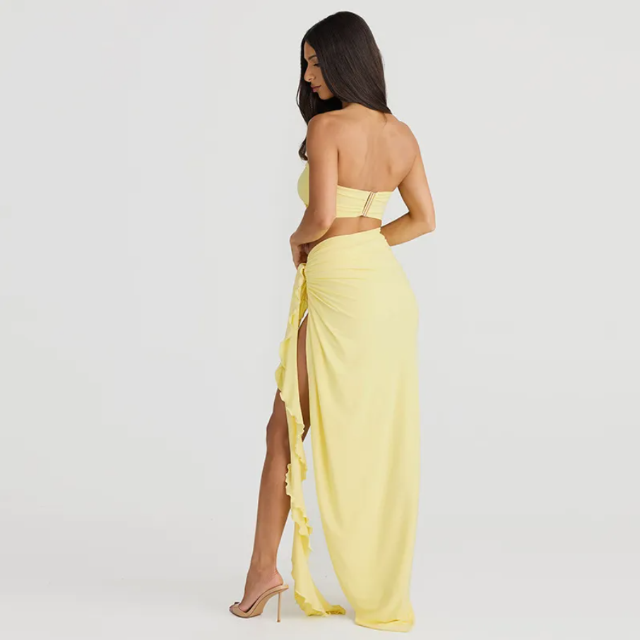 Bandeau Top and Ruffle High-Slit Maxi Skirt Set