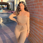 2020 Women's Off-Shoulder Crop Top & High-Waist Pants Set