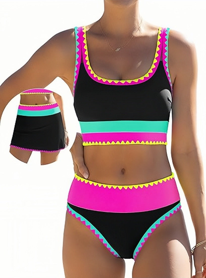 Neon Contrast Trim High-Waist Bikini Set