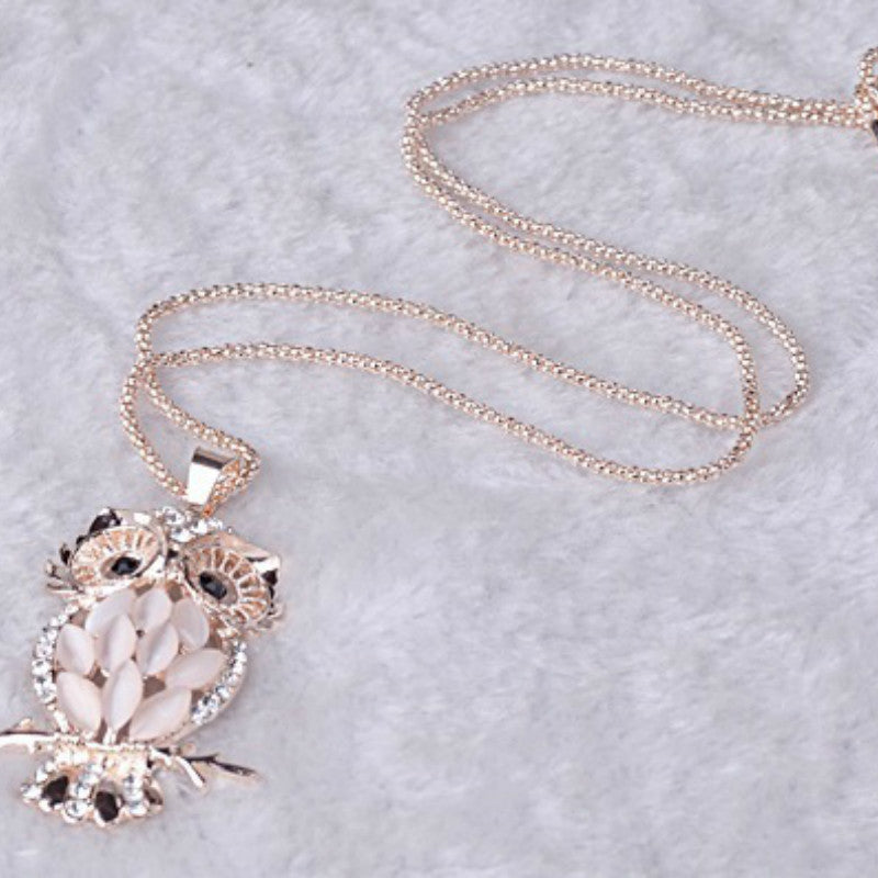 Opal Owl Pendant Sweater Necklace