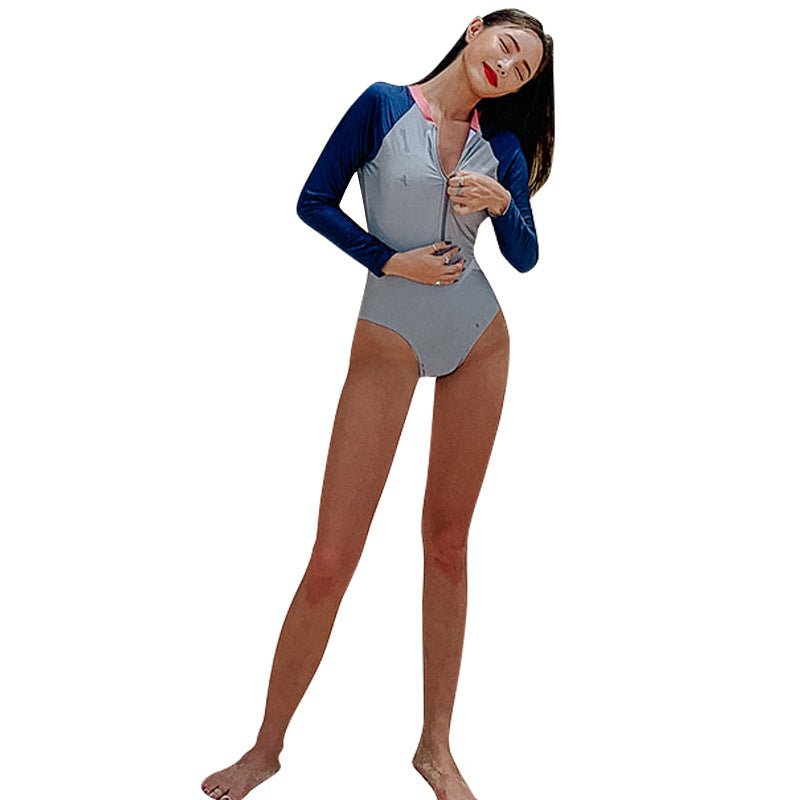 Color Block Long Sleeve Backless One-Piece Swimsuit