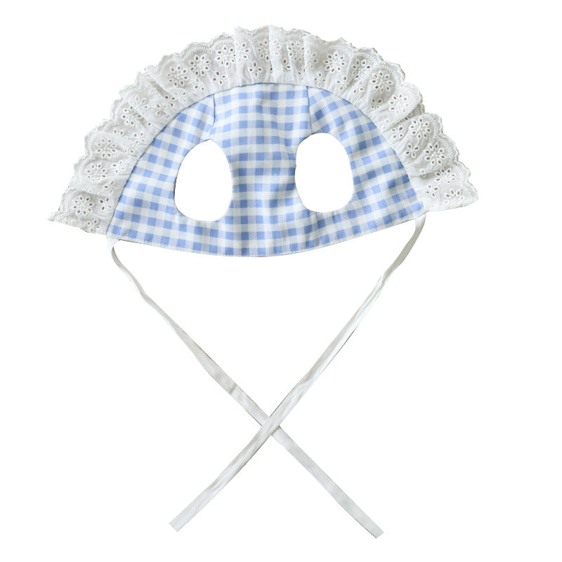 Pet Lace Bonnet Hat and Bib Set - Blue Gingham Sun Hat with Ear Holes and Daisy Bandana for Small Dogs and Cats, Adjustable Tie Photo Costume