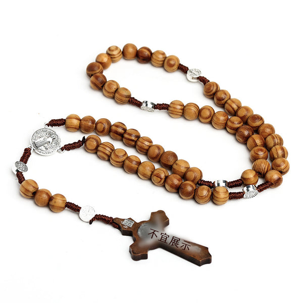 Wood Bead Cross Rosary Necklace | Christian Jewelry