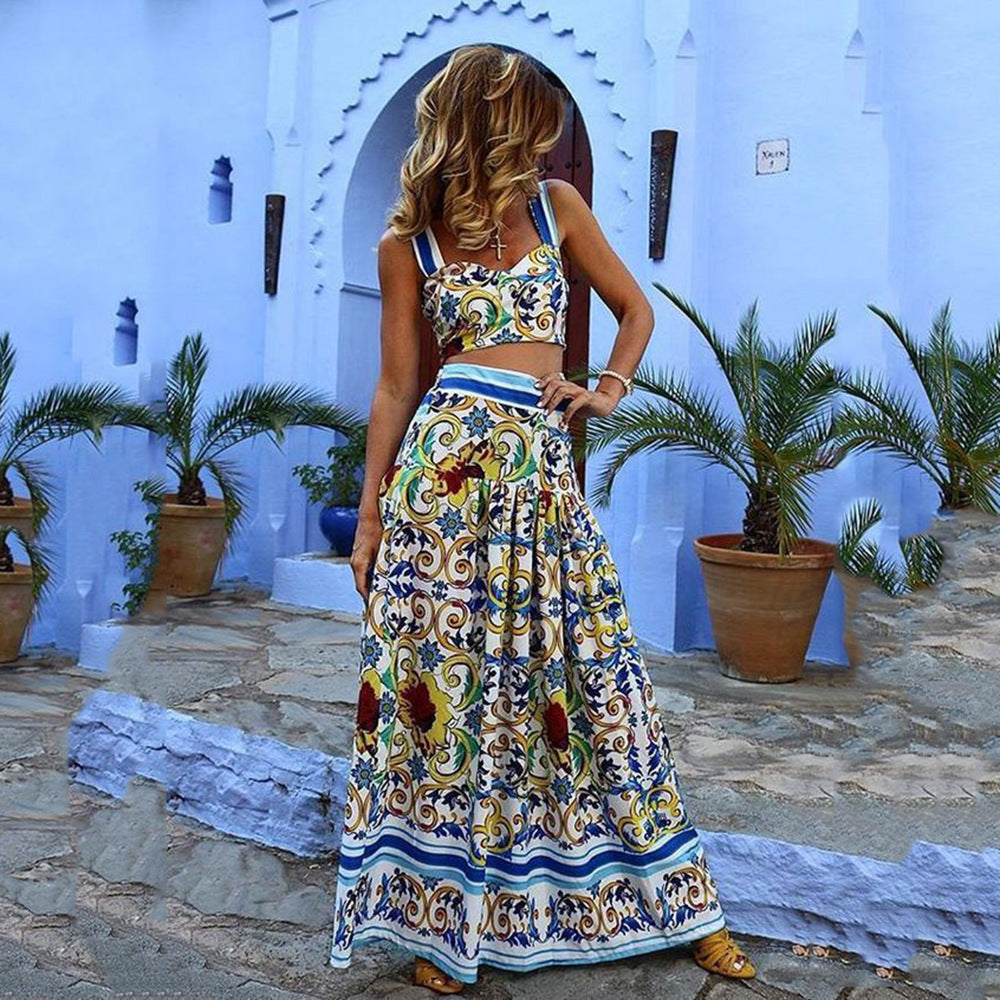Floral Print Spaghetti-Strap Dress Suit for Beach