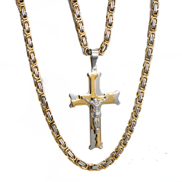 Jesus Christ Crucifix Cross Pendant Byzantine Chain Necklace