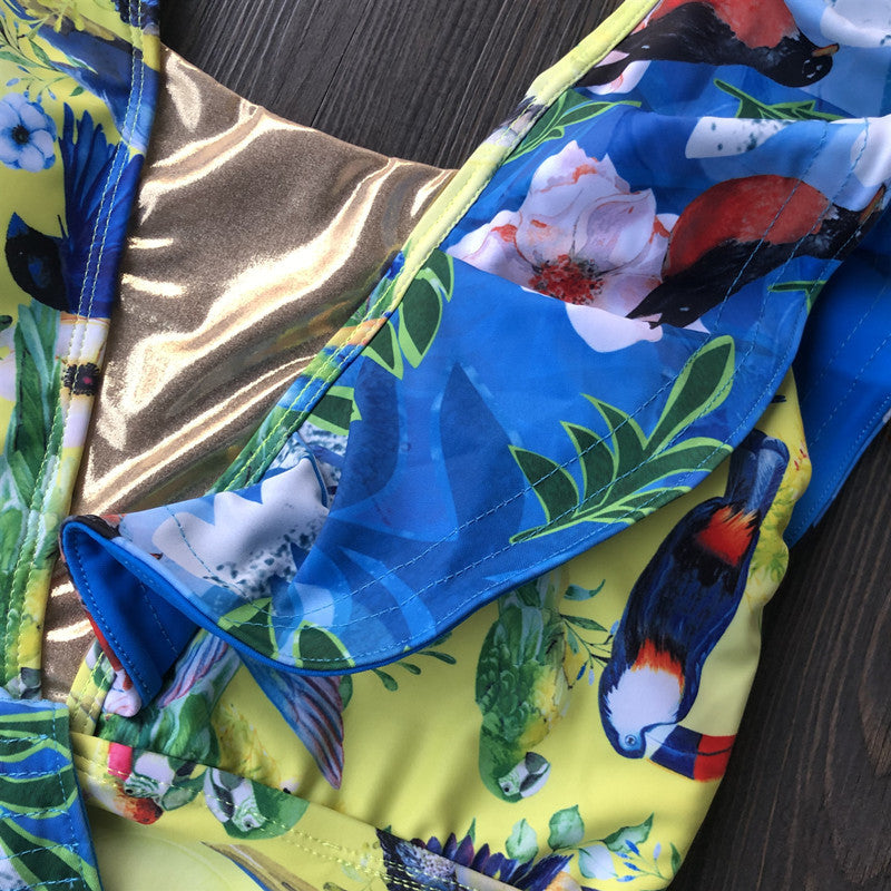 Tropical Bird Print Ruffle One-Piece Swimsuit