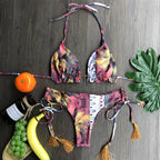 Feather Print Push-Up Tassel Bikini Set
