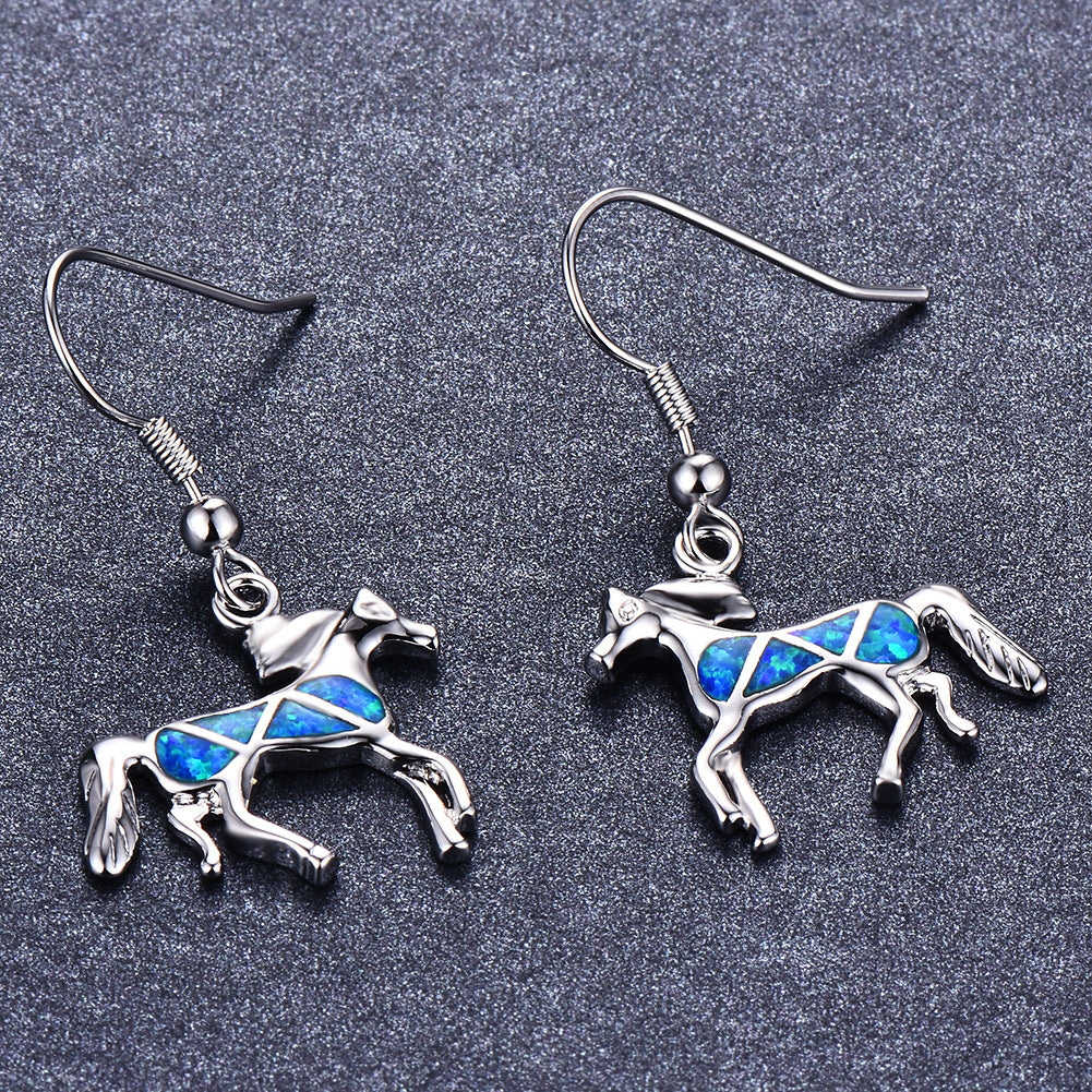 Blue Opal Horse Drop Earrings