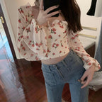 Women's Chiffon Printed Crop Top Long Sleeve Shirt