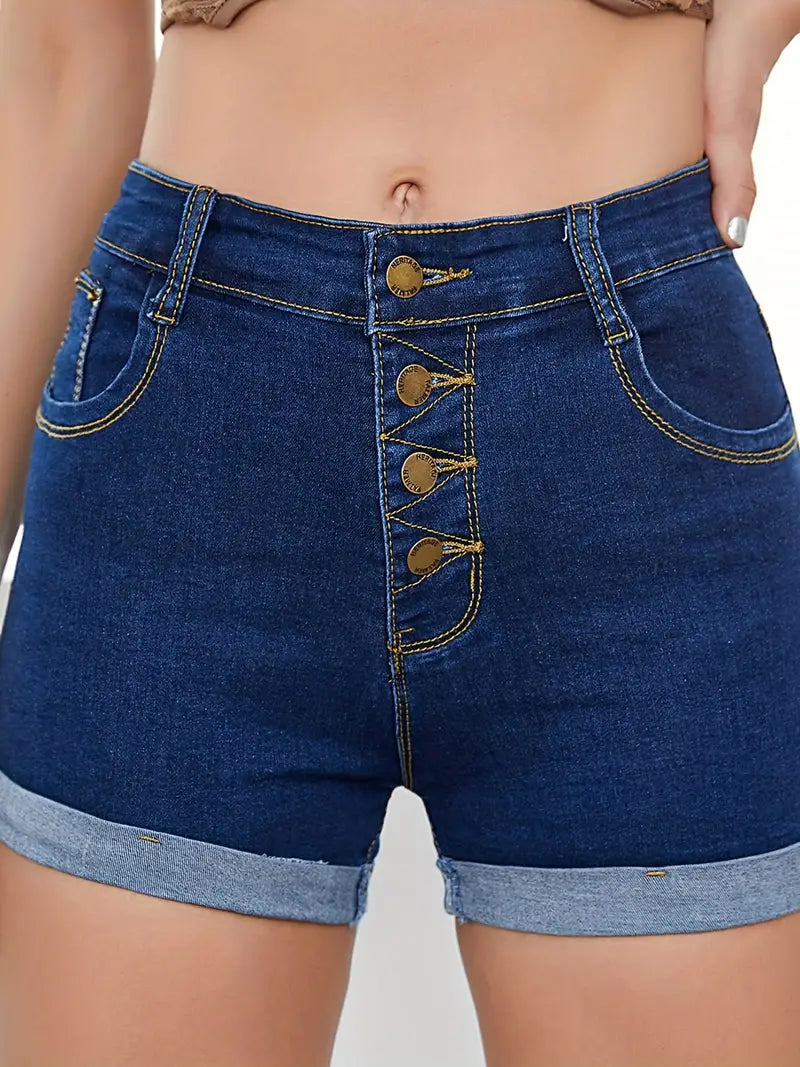 Dark Blue High Waist Slim Fit Denim Shorts for Women