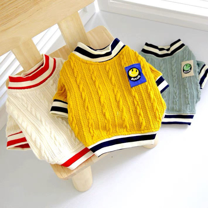 Cable-Knit Dog Sweater with Varsity Stripe Trim, Warm Preppy Pullover for Small to Medium Dogs, Spring Fall Pet Clothes