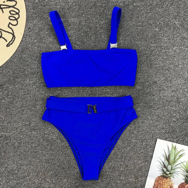 Royal Blue Bandeau High-Waist Two-Piece Swimsuit