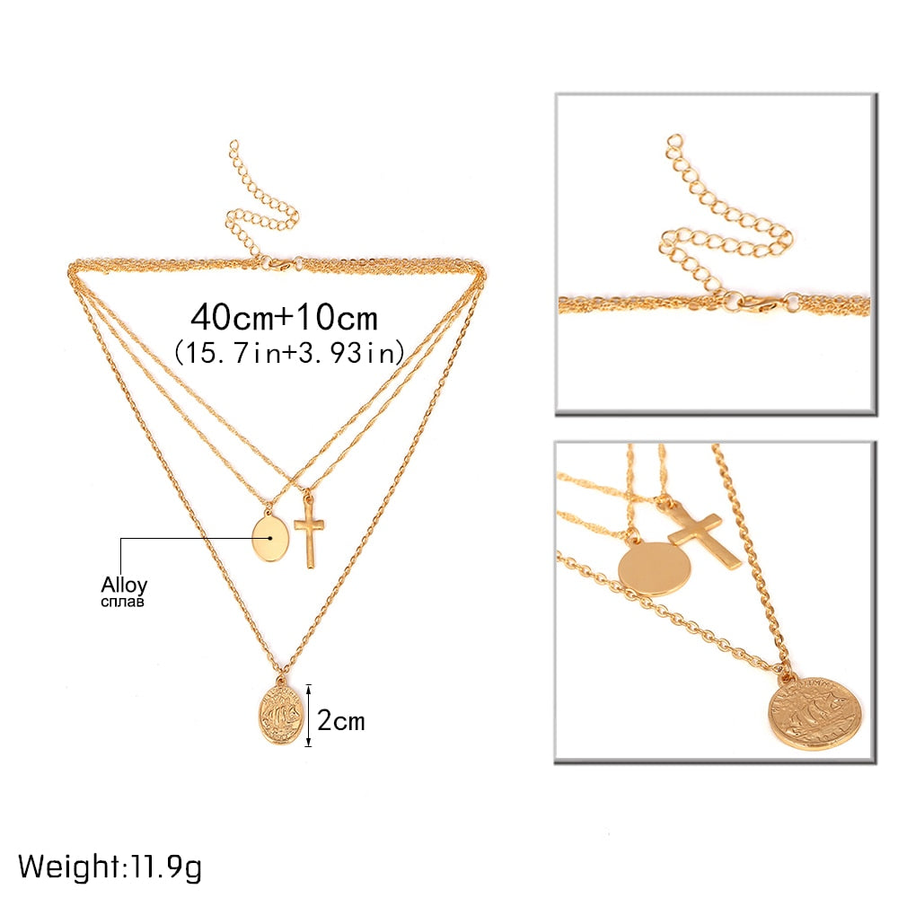 Layered Cross and Coin Pendant Necklace for Women