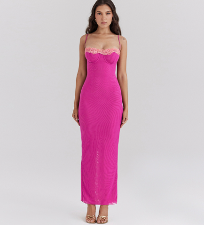 Lace-Trim Mesh Bodycon Maxi Dress