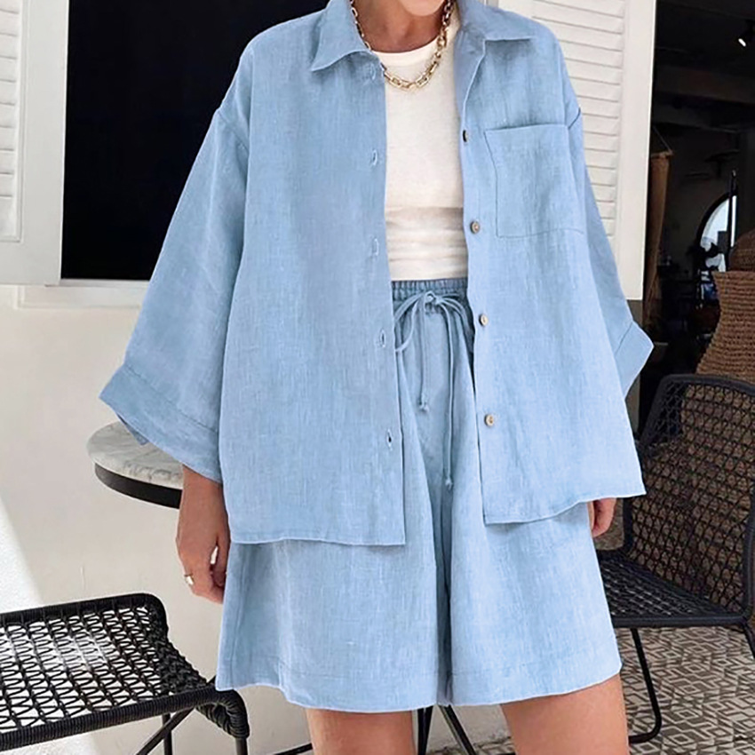 Women's Fashion Casual Loose-fitting Solid Color Long Sleeves Shorts Suit