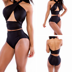 Plus Size Cross-Neck High-Waist Swimsuit Set