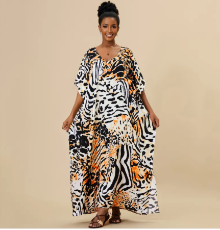 Animal Print Long Kaftan Beach Cover-Up Dress