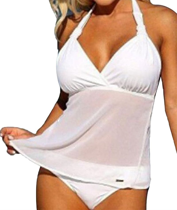 Women's White Halter Flowy Tankini Set