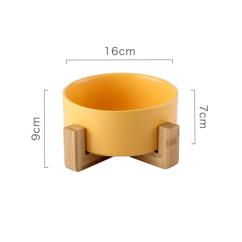 Ceramic Raised Pet Bowl with Wooden Stand, Anti-Slip Elevated Food and Water Dish for Cats and Dogs, Dishwasher Safe
