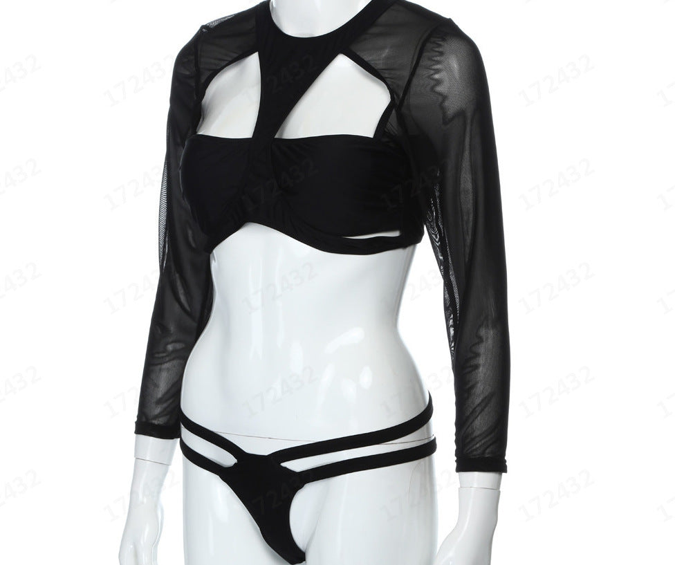 Black Mesh Cut-Out Long-Sleeve Bikini Set