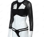 Black Mesh Cut-Out Long-Sleeve Bikini Set