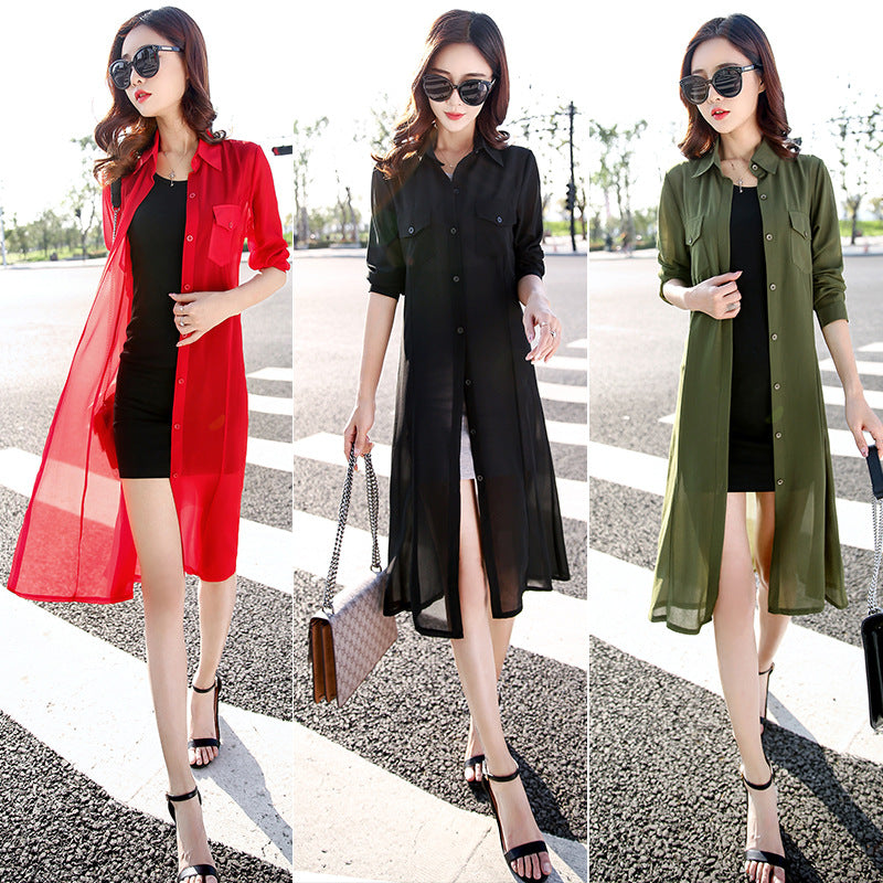 Mid-Length Beach Cover-Up Sun Protection Chiffon Shirt