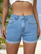 High Waist Denim Shorts for Women - Slim Fit & Rolled Hem