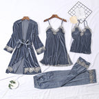 Lace Trim Velvet Long Sleeve Sleepwear Set for Women