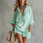Women's Cotton-Linen Beach Shirt and Shorts Set