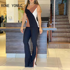 Colorblock Sleeveless Top and Flare Pants Two-Piece Set