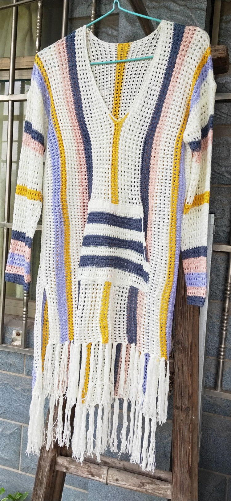 Knit Fringe Striped Beach Cover-Up