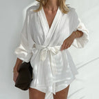 2023 Women's Long Sleeve Robe & Shorts Sleep Set