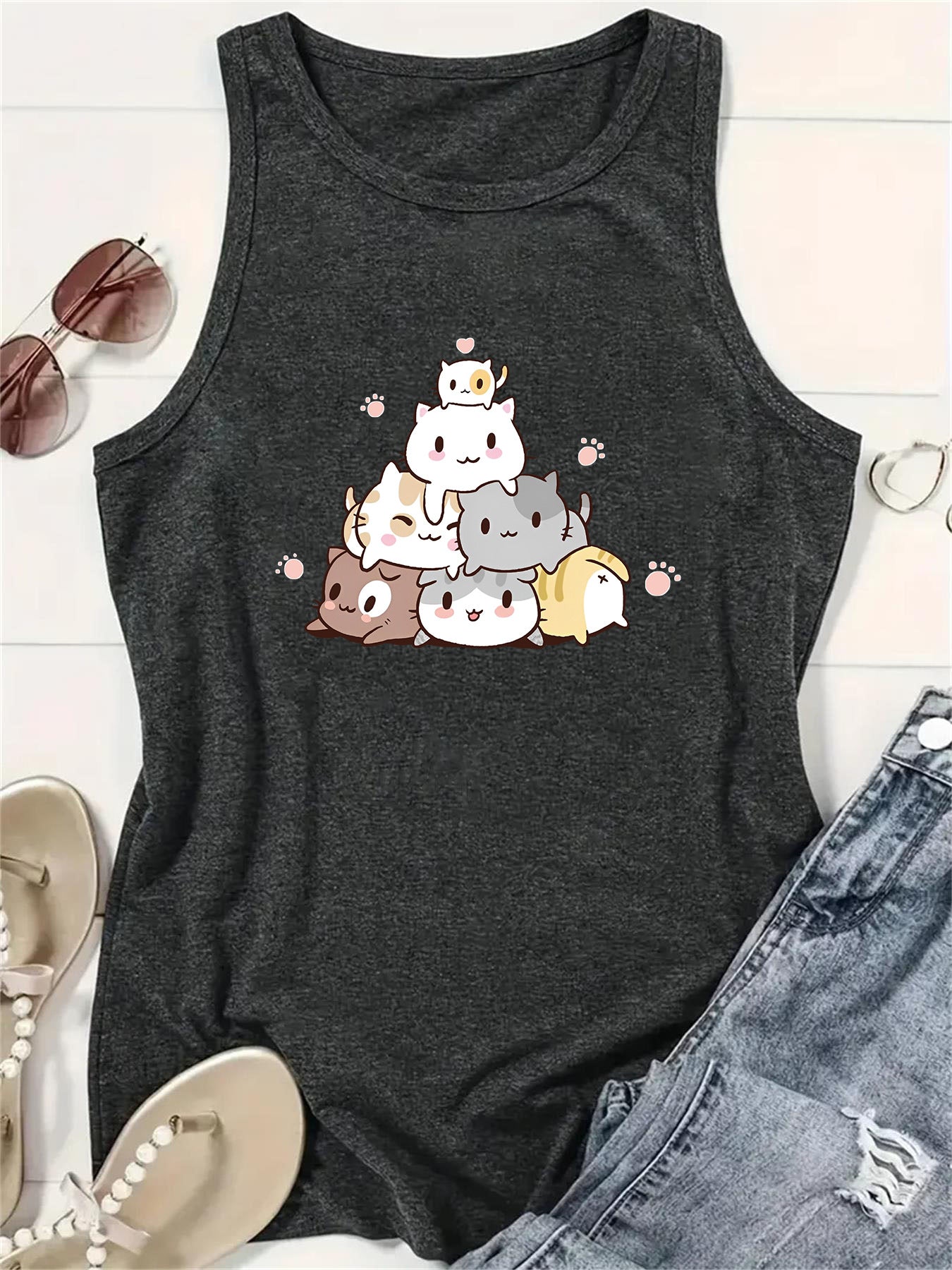 Harajuku Anime Print Sleeveless Crop Top for Students