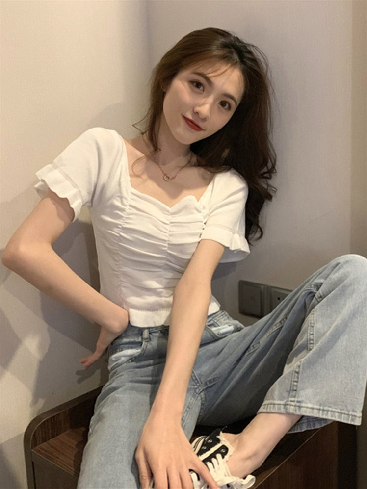 2020 New Women's Short Sleeve Knit Crop Top