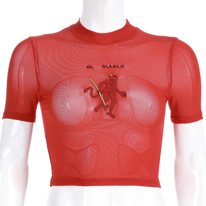 Red Sheer Mesh Crop Top with Embroidered Letters