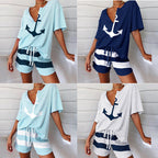 2021 Women's V-Neck Anchor Print Top and Shorts Set