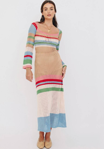 Black Open-Knit Long Sleeve Maxi Beach Cover-Up