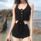 Knitted Halter High-Waist Bikini Set