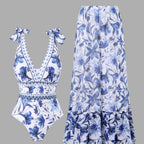 Blue Floral One-Piece Swimsuit and Maxi Skirt Set