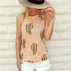 Fashionable Sleeveless Round Neck Cactus Print Tank Top