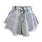 Blue Women's Ripped High Waist Denim Shorts with Tassels