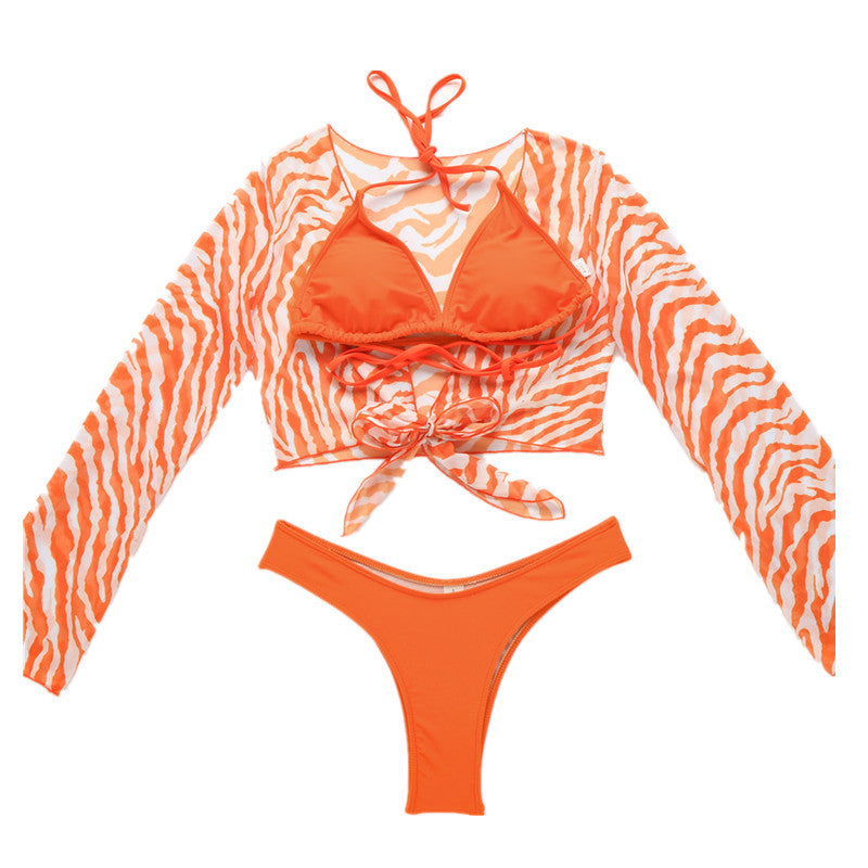 3-Piece Zebra Mesh Cover-Up Bikini Set
