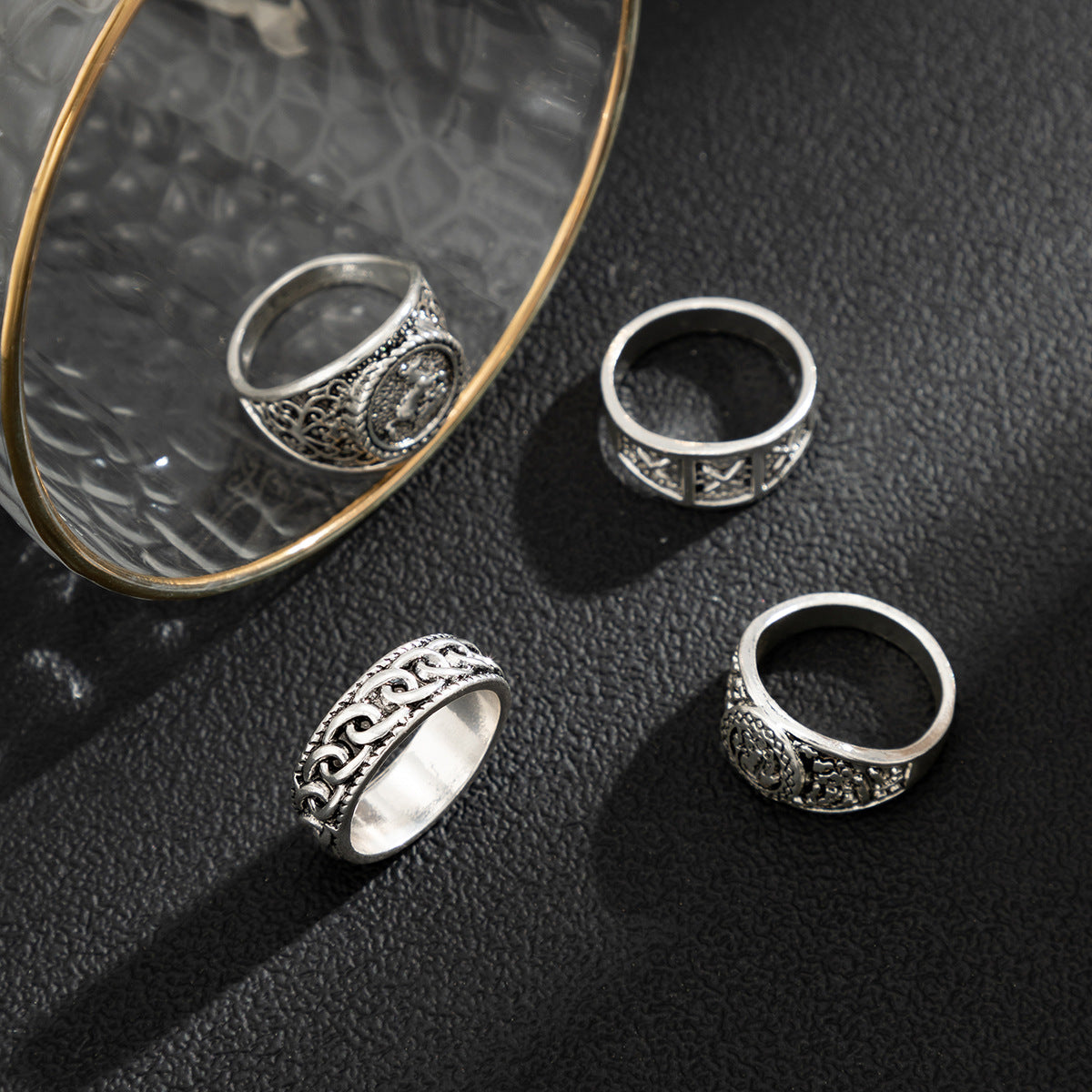 Retro Embossed Vintage Ring Set