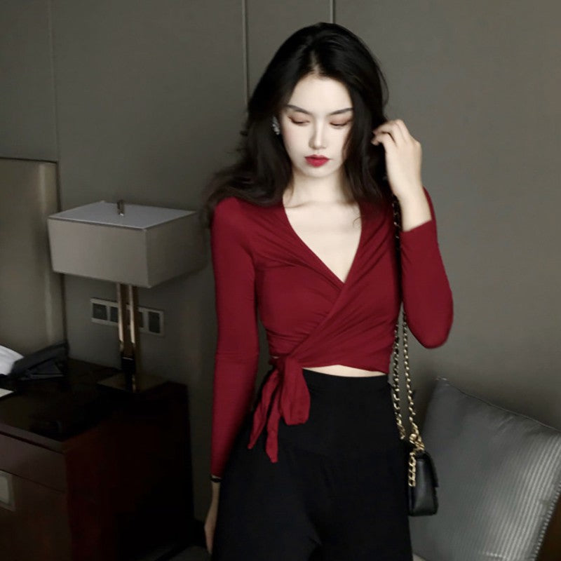 Women's Slim V-neck Long Sleeve Crop Top Fashion