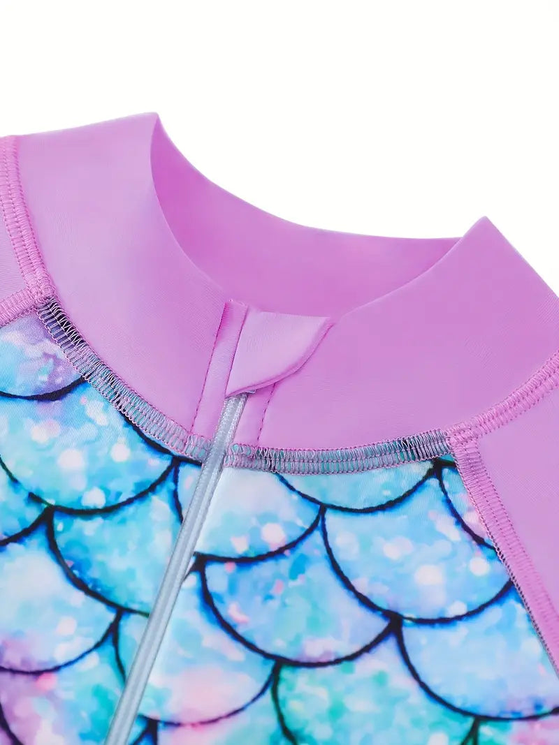 Girls Mermaid Scale Long-Sleeve Rash Guard Swimsuit