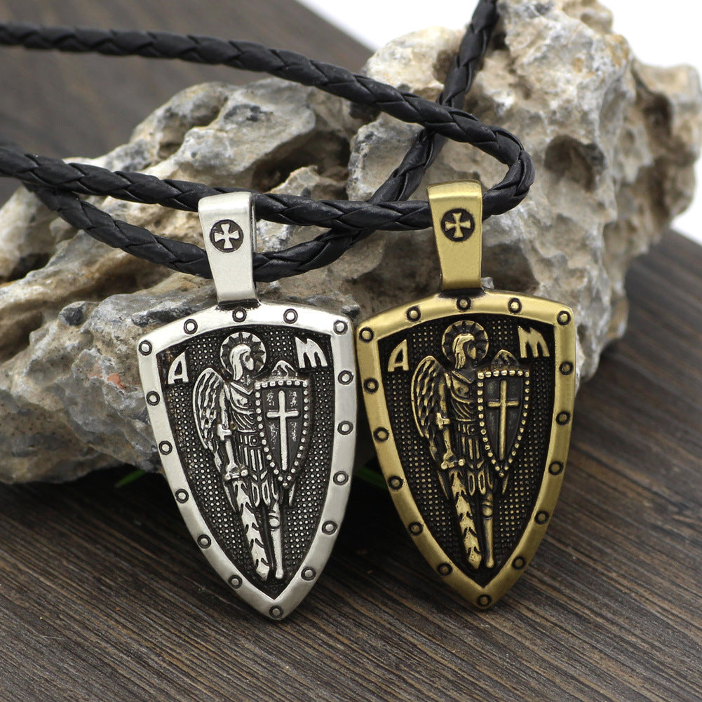 Retro Angel Medal Shield Cross Pendant Necklace for Men