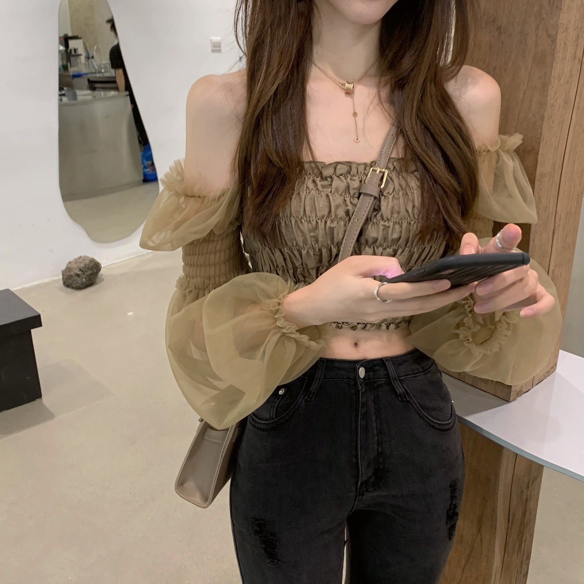 Chic Off-Shoulder Lace Long Sleeve Crop Top x2627