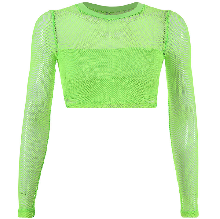 Fluorescent Green Sheer Long Sleeve Crop Top for Women
